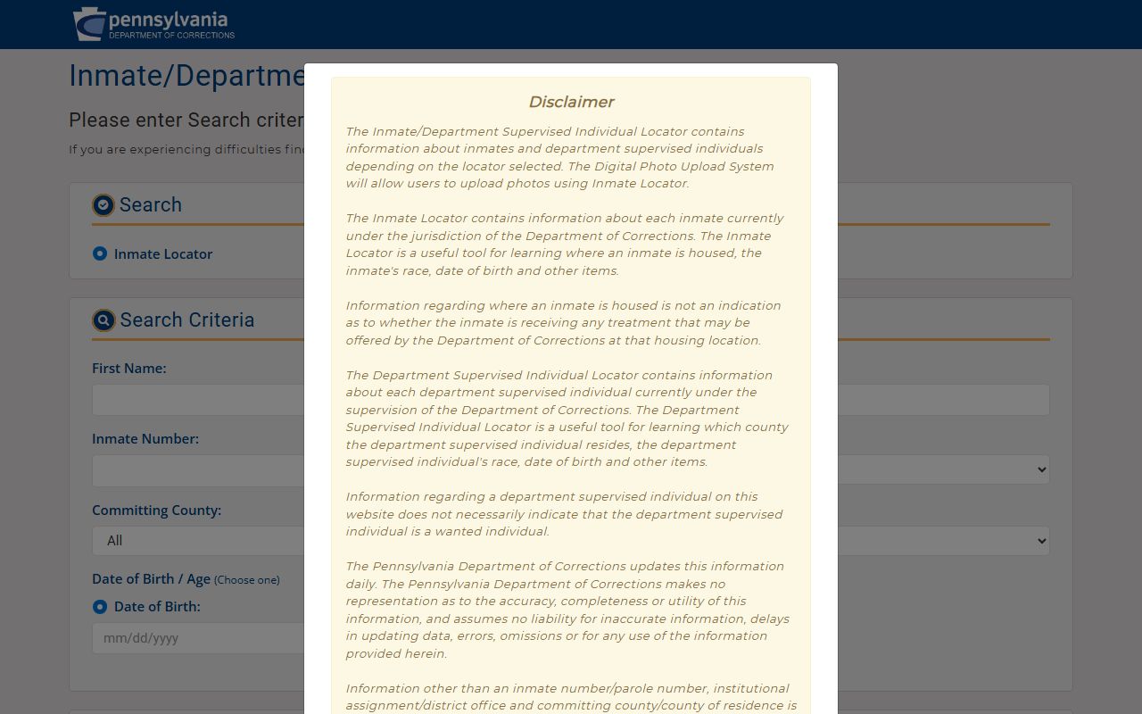 PA DOC inmate locator search interface