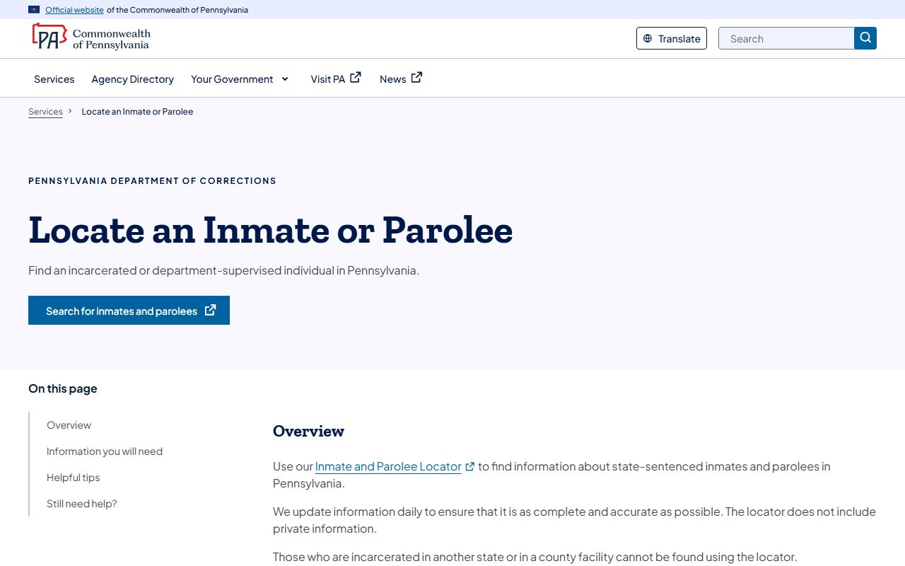 Pennsylvania DOC locator service for Bedford County inmate search