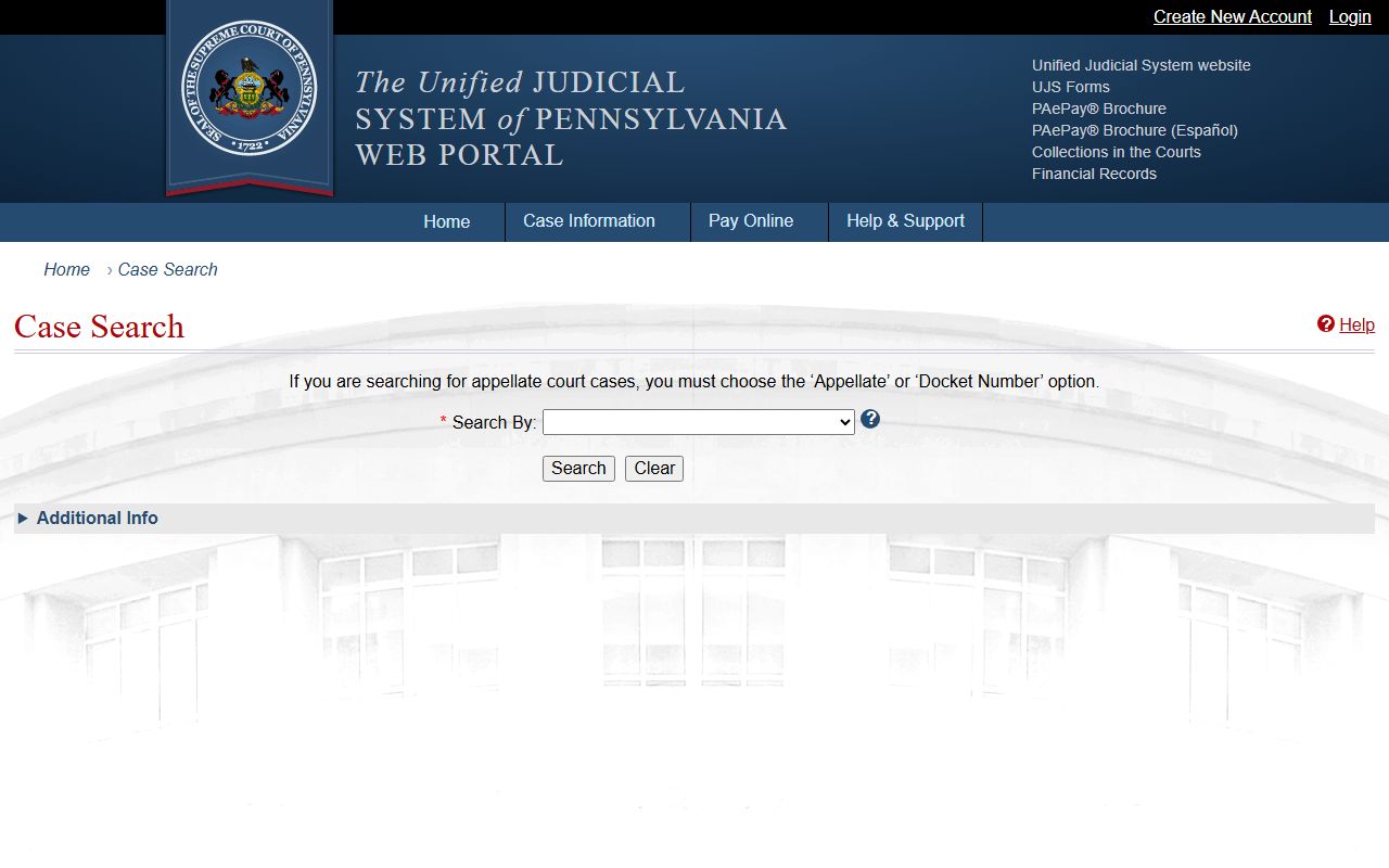 Pennsylvania UJS Case Search portal for criminal docket sheets